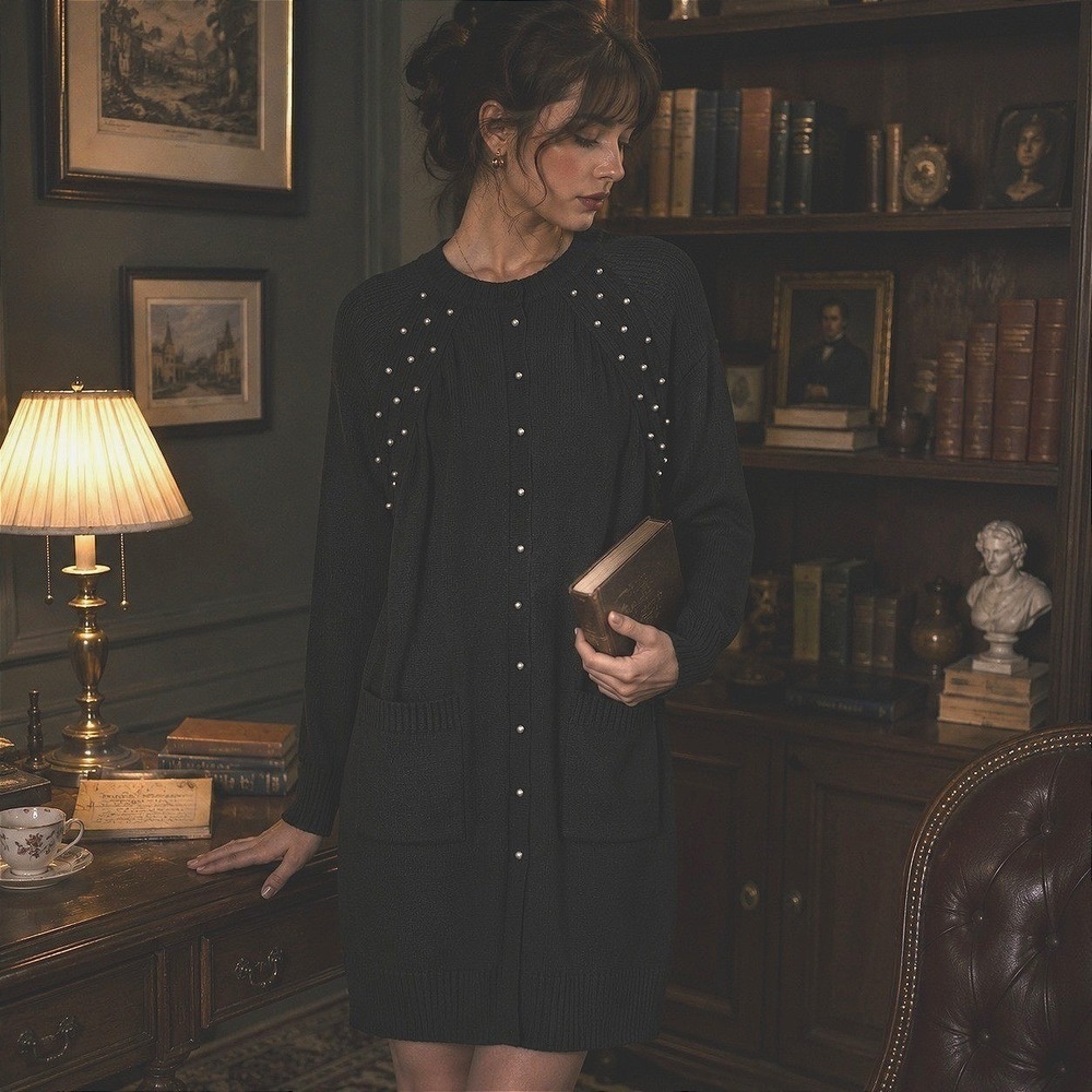 Crew Neck Raglan Long Sleeve Pearl Studded Black Ribbed Sweater Dress Pocket L